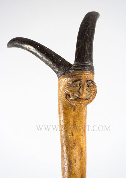 Antique Folk Art Cane with Human Face and Horns, handle detail